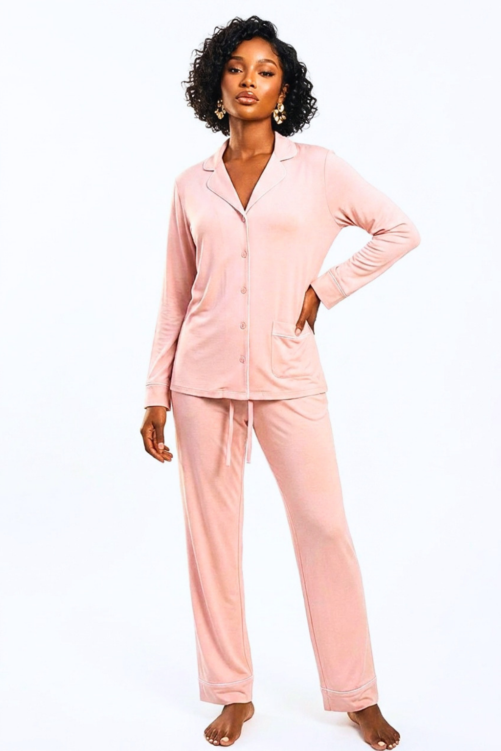 Blush pink Tencel modal pajama set – button-front top with white piping, front view