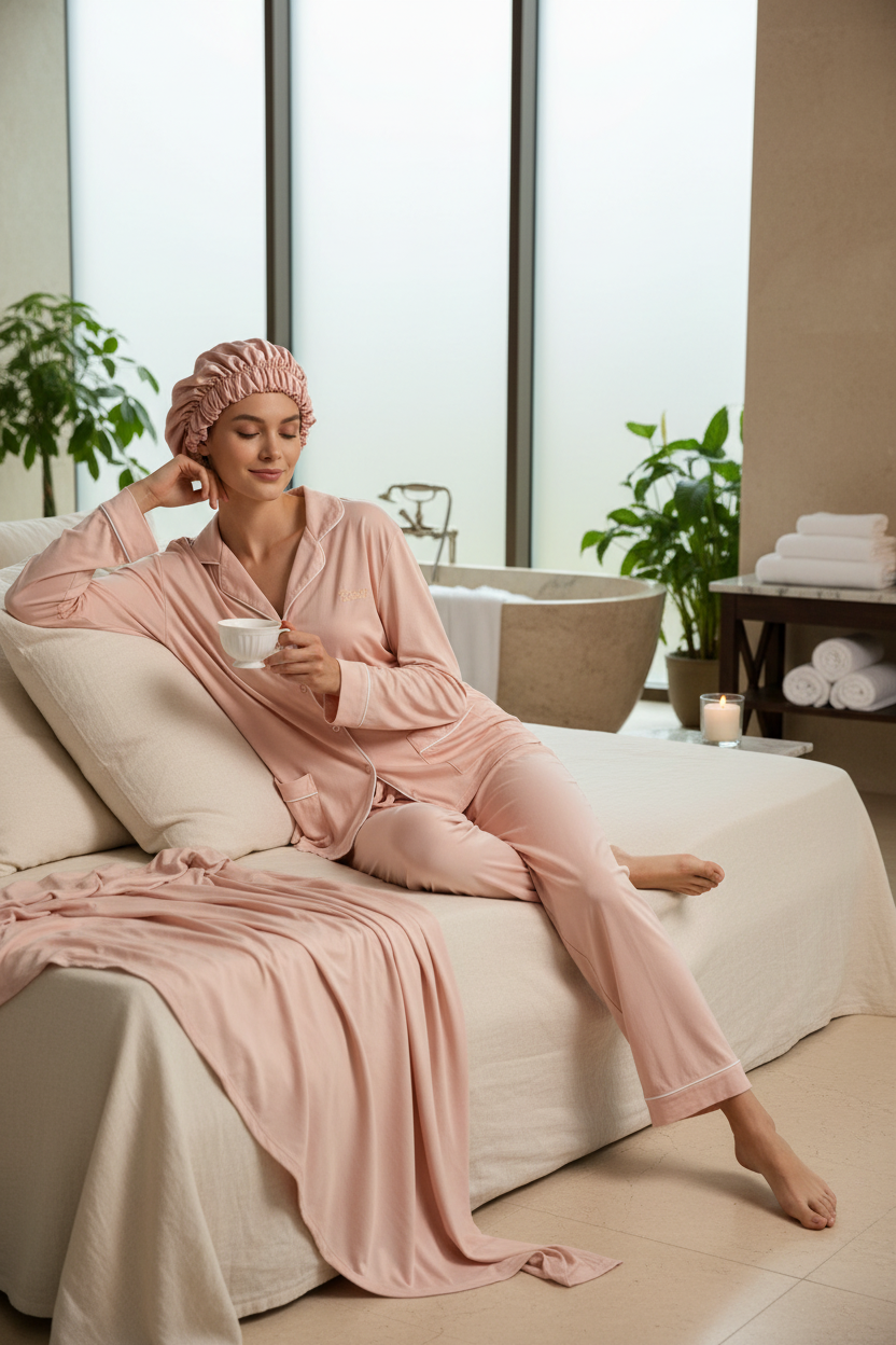 Blush Serenity Tencel Modal Pajama Set with Bonnet | Sustainable Sleepwear
