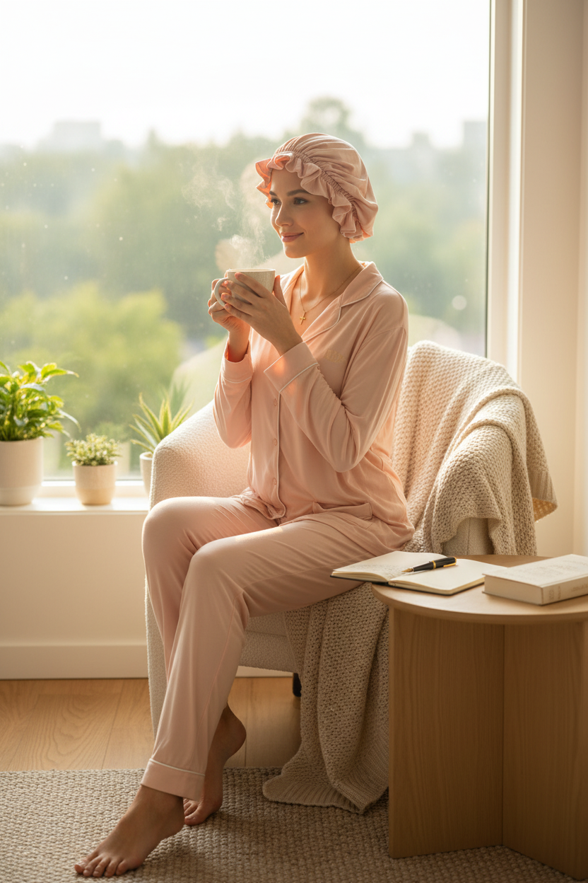 Blush Serenity Tencel Modal Pajama Set with Bonnet | Sustainable Sleepwear